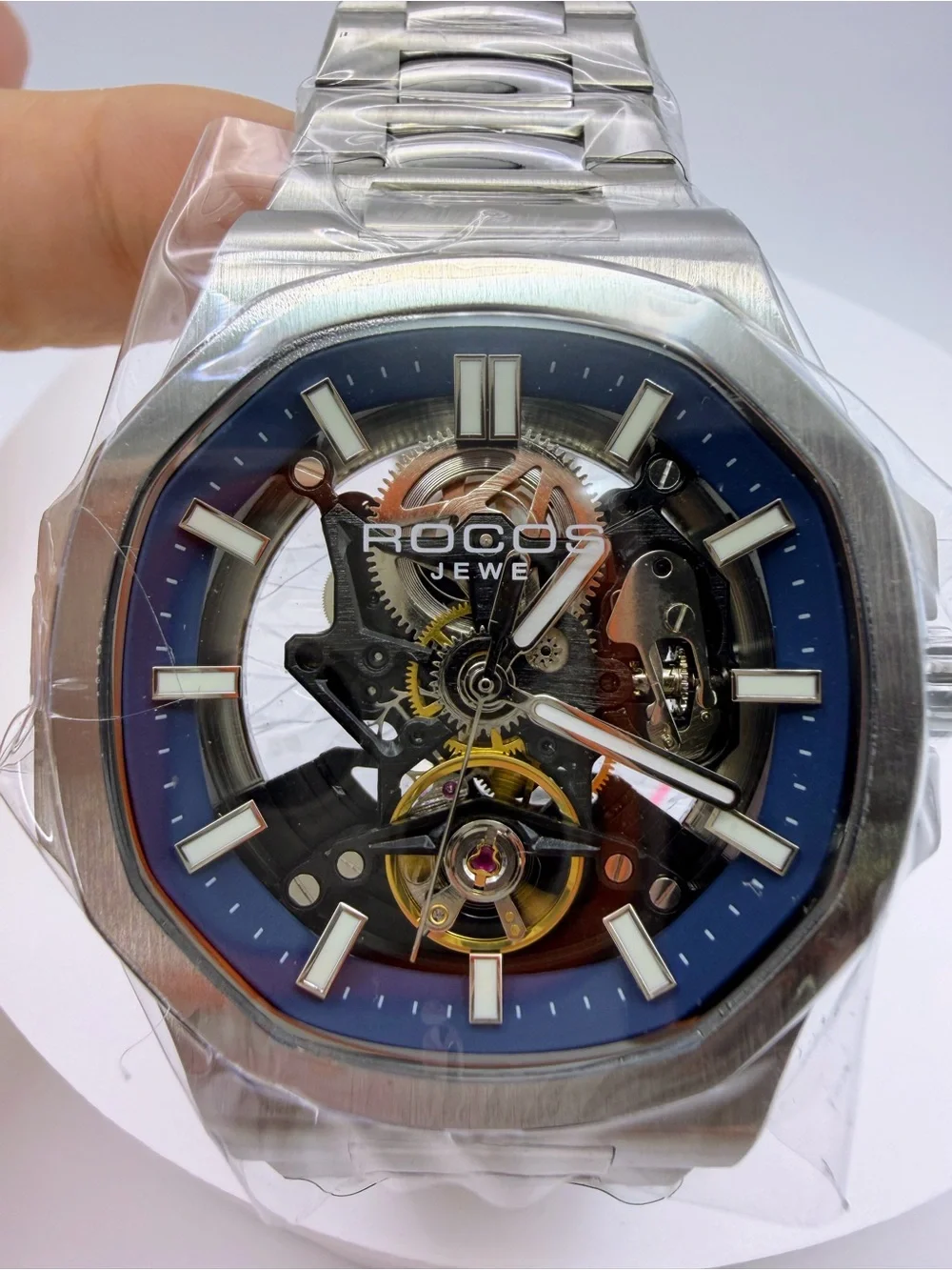 Men's Automatic Skeleton Watch in Blue and Silver